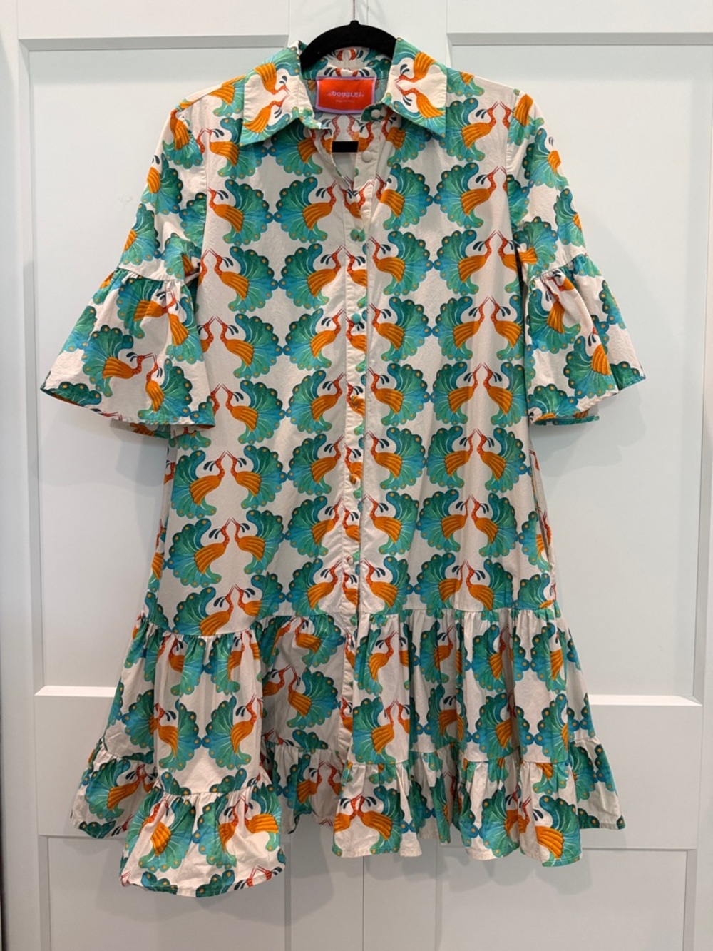 Authentic LA DoubleJ White Dress with Teal and Orange Peacock Motif. Size S